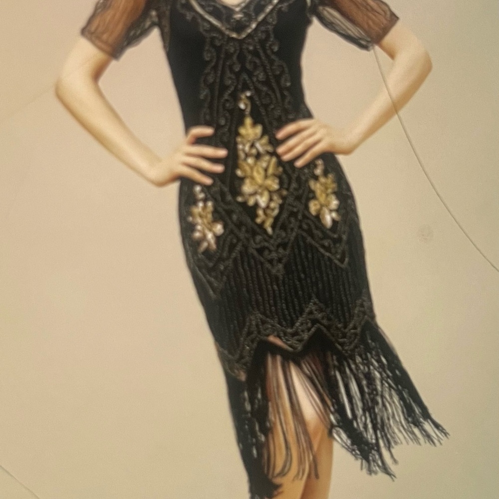 Black & Gold Beaded Fringe Cocktail Dress